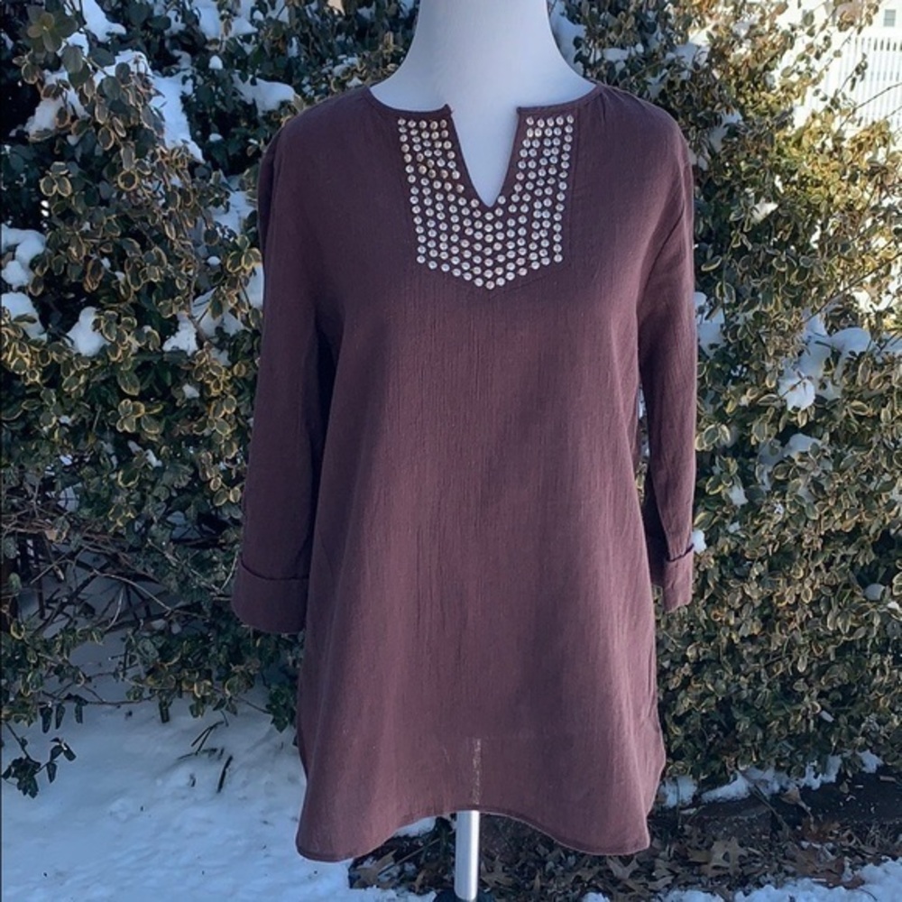 NWT Brownstone Studio brown gauze sequined v-neck tunic small